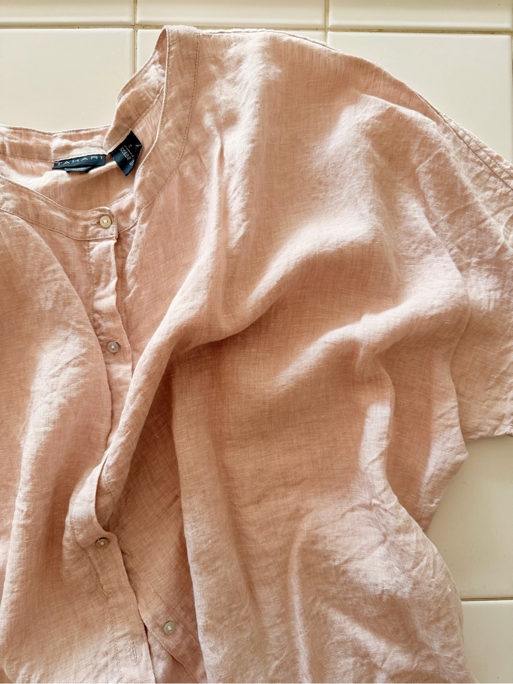 Tahari Soft Blush Pink Linen Button-Down Top
